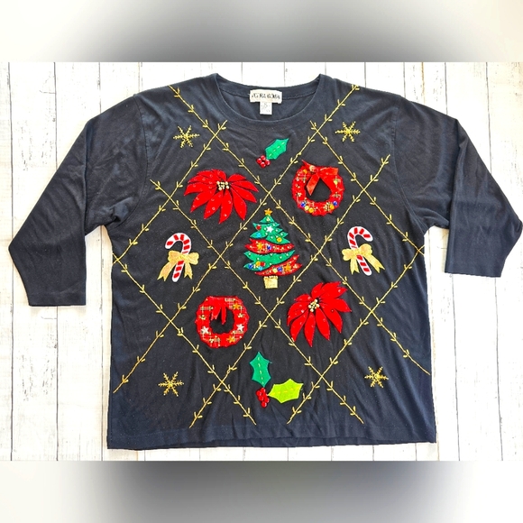 Vintage RARE Victorian Woman Plus Christmas 3/4 Sleeve Top Embroidered Gems - Picture 2 of 8